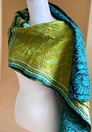 Artisan Silk Two Sided Shawl.  Purchase with a Purpose. Blue/Chartreuse