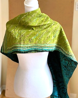 Artisan Silk Two Sided Shawl.  Purchase with a Purpose. Blue/Chartreuse