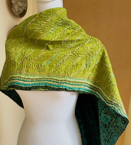 Artisan Silk Two Sided Shawl.  Purchase with a Purpose. Blue/Chartreuse