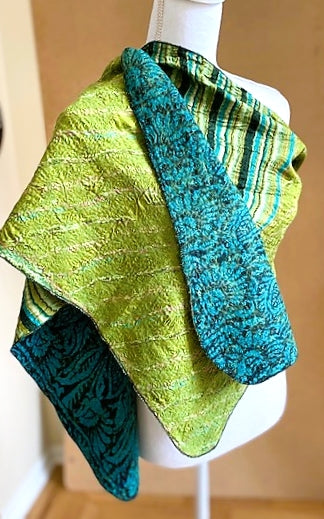 Artisan Silk Two Sided Shawl.  Purchase with a Purpose. Blue/Chartreuse