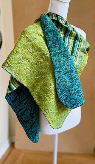 Artisan Silk Two Sided Shawl.  Purchase with a Purpose. Blue/Chartreuse