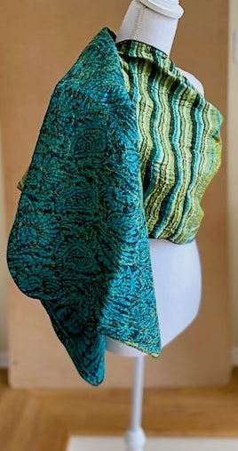 Artisan Silk Two Sided Shawl.  Purchase with a Purpose. Blue/Chartreuse