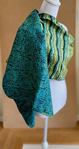 Artisan Silk Two Sided Shawl.  Purchase with a Purpose. Blue/Chartreuse