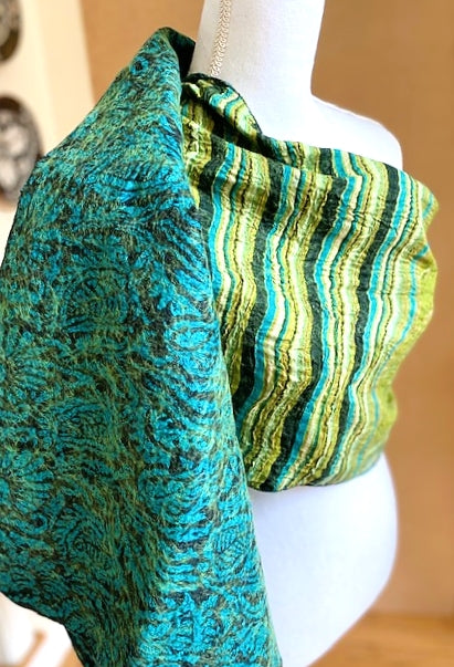 Artisan Silk Two Sided Shawl.  Purchase with a Purpose. Blue/Chartreuse