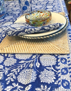 Block Print Navy and White Farmhouse Table Cloth with Napkins