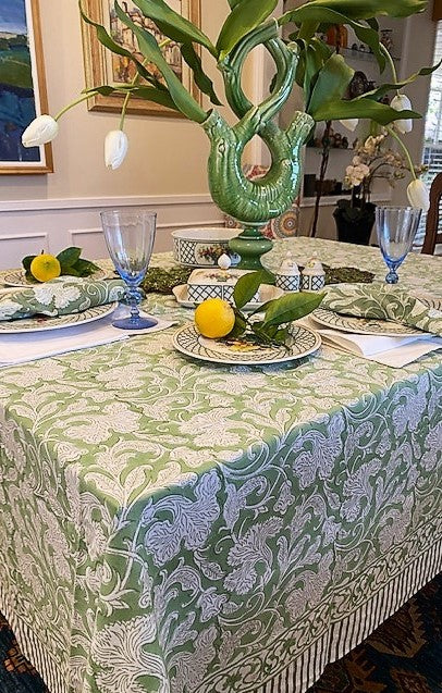 Elegant Sage and Cream Hand Block Print Table Cloth with Matching Napkins (2 Sizes)