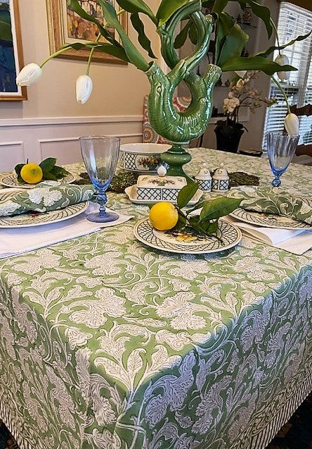 Elegant Sage and Cream Hand Block Print Table Cloth with Matching Napkins (2 Sizes)