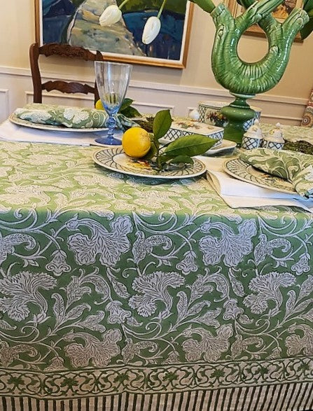 Elegant Sage and Cream Hand Block Print Table Cloth with Matching Napkins (2 Sizes)