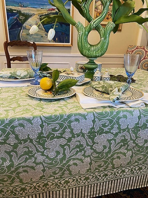 Elegant Sage and Cream Hand Block Print Table Cloth with Matching Napkins (2 Sizes)