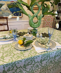 Elegant Sage and Cream Hand Block Print Table Cloth with Matching Napkins (2 Sizes)