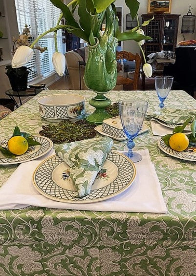 Elegant Sage and Cream Hand Block Print Table Cloth with Matching Napkins (2 Sizes)