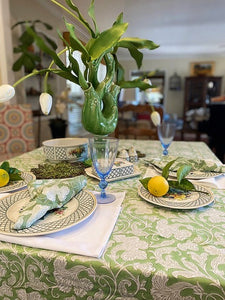 Elegant Sage and Cream Hand Block Print Table Cloth with Matching Napkins (2 Sizes)