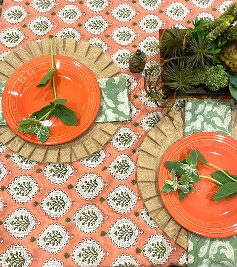 Harvest Block Print Cotton Table Cloth is a Favorite for the new season. Fresh, floral and tailored.