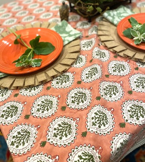 Harvest Block Print Cotton Table Cloth is a Favorite for the new season. Fresh, floral and tailored.