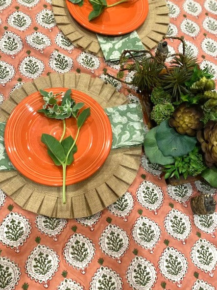 Harvest Block Print Cotton Table Cloth is a Favorite for the new season. Fresh, floral and tailored.