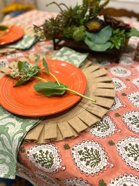 Harvest Block Print Cotton Table Cloth is a Favorite for the new season. Fresh, floral and tailored.