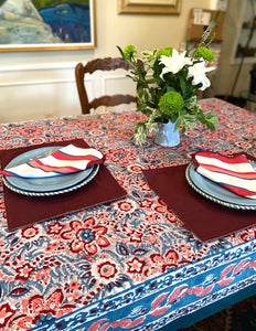 Dramatic Block Print Floral Tablecloth is On Trend. Bold, Strong Colors.  (60 X 90)