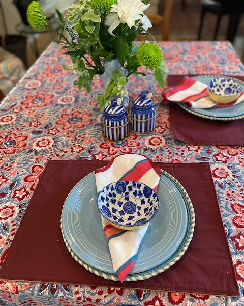 Dramatic Block Print Floral Tablecloth is On Trend. Bold, Strong Colors.  (60 X 90)