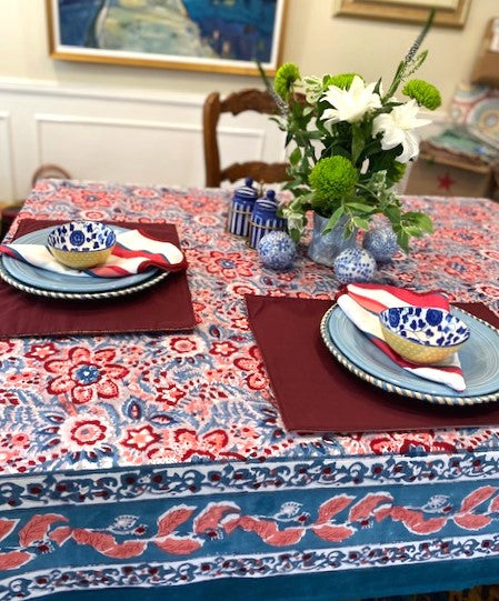 Dramatic Block Print Floral Tablecloth is On Trend. Bold, Strong Colors.  (60 X 90)