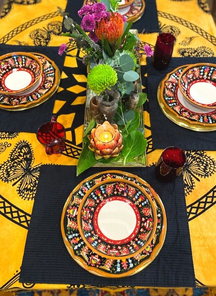 Cotton Hand Printed Tablecloth Creates a Dramatic Tablescape.