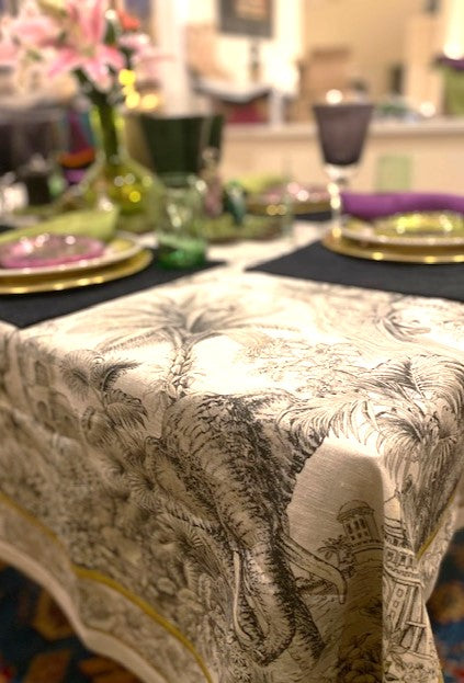 Rare Find. Artisanal Handmade Linen Table Cloth, Unique, Dramatic and the Best of the Season