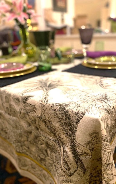 Rare Find. Artisanal Handmade Linen Table Cloth, Unique, Dramatic and the Best of the Season