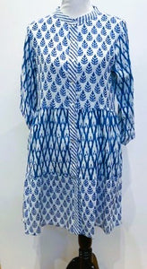 Helen Blue  Is a Fun Multi Print White and Blue Cotton Dress