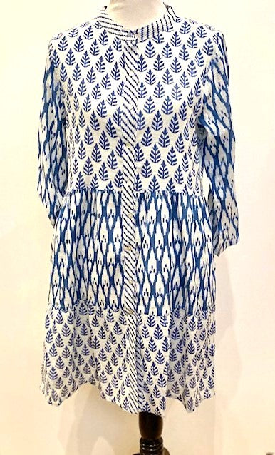 Helen Blue  Is a Fun Multi Print White and Blue Cotton Dress