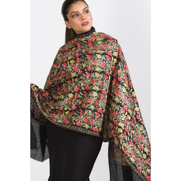 Classically Beautiful, Black Shawl with Intricate Embroidery